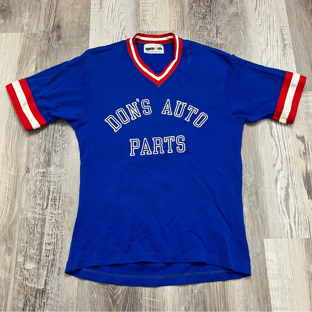 Vintage 70s 80s “Dons Auto Shop” Jersey V Neck Shirt Size Medium Blue Red